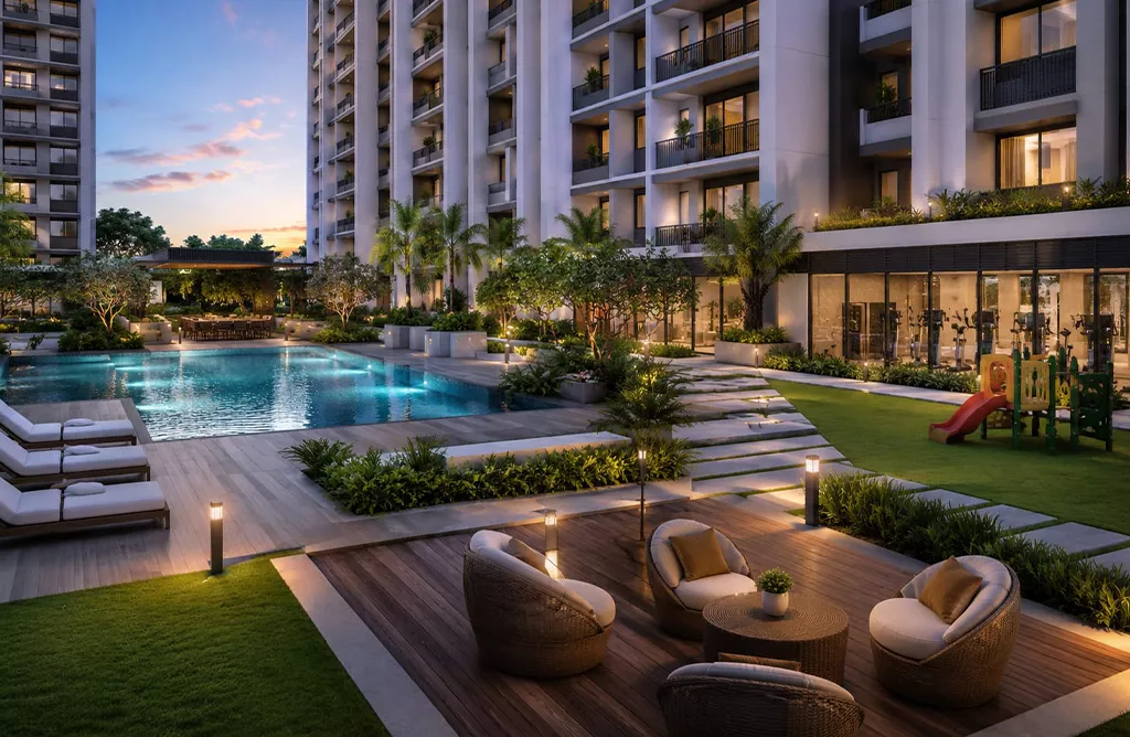 Luxury Apartments in Vizag Featuring Swimming Pool, GYM, and Sunset Courtyard View