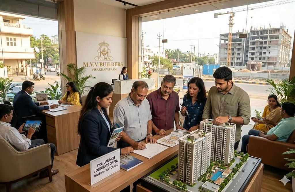 MVV Builders Office in Vizag with Buyers Exploring Pre‑launch Siripuram Apartment Plans